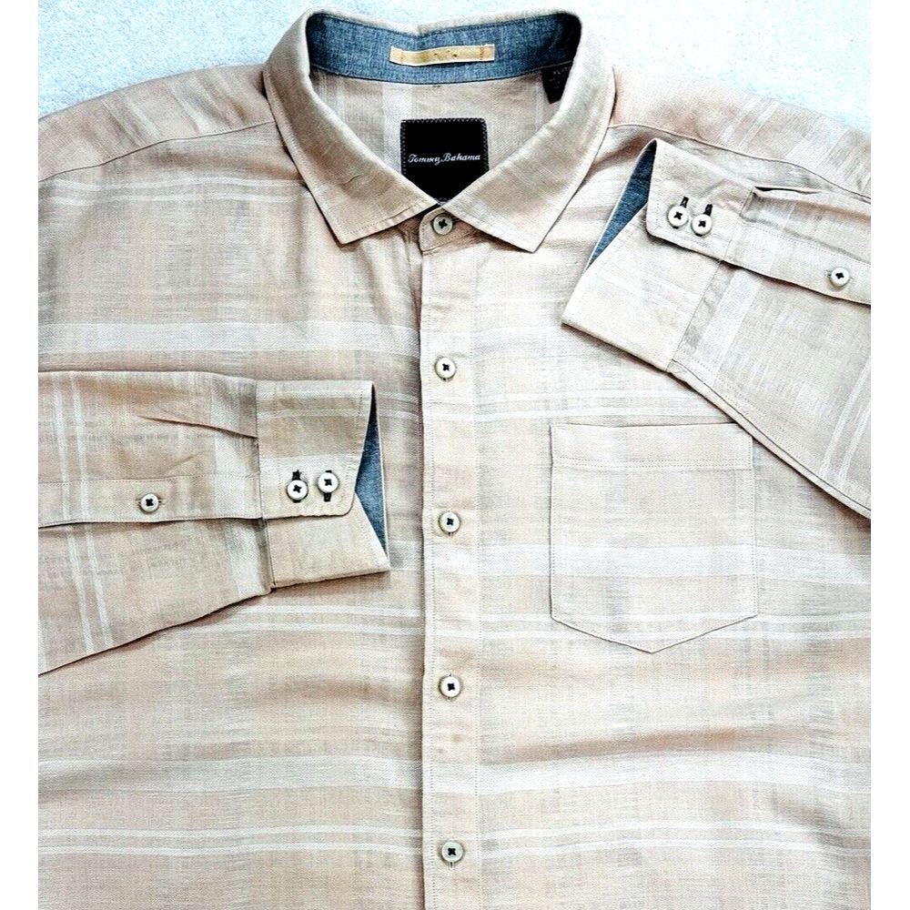 Tommy Bahama Linen Shirt Men 2XL Orange Stripe Long Sleeve Button Up